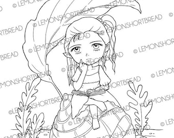 Digital Stamp Reading Book Elf Fairy, Digi Coloring Page, Fantasy Garden, Thinking of You, Nature, Télécharger