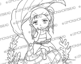 Digital Stamp Reading Book Elf Fairy, Digi Coloring Page, Fantasy Garden, Thinking of You, Nature, Download