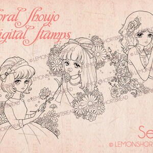 Digital Stamps Floral Shoujo Girls, Digi Printable Adult Coloring Pages, Flower Anime Art, Download