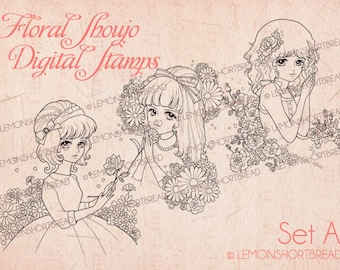 Digital Stamps Floral Shoujo Girls, Digi Printable Adult Coloring Pages, Flower Anime Art, Download