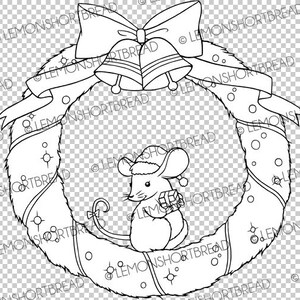 Digital Stamp Christmas Wreath Mouse, Digi Coloring Page, Holly Holiday Craft, Merry Xmas, Clip Art Crafting Download image 2