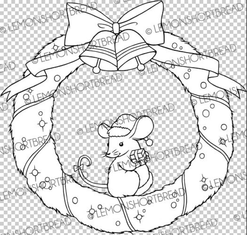 Digital Stamp Christmas Wreath Mouse, Digi Coloring Page, Holly Holiday Craft, Merry Xmas, Clip Art Crafting Download image 2