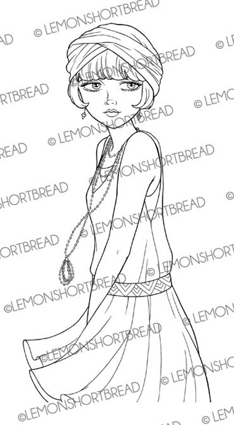 Digital Stamp Flapper Twirl Girl, Art Deco Digi Vintage Fashion Summer, Coloring Page, Clip Art Instant Download image 2