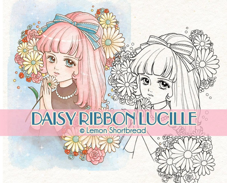 May include: A digital illustration of a girl with pink hair and a blue ribbon, surrounded by daisies. The image is in color on the left and in black and white on the right. The text "Daisy Ribbon Lucille &copy; Lemon Shortbread" is at the bottom of the image.