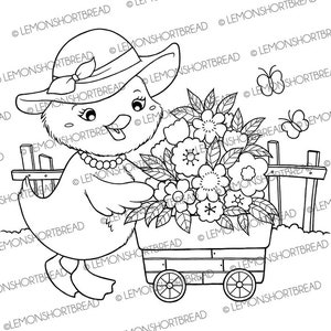 Digital Stamp Madame Duck Flowers, Digi Coloring Page Download, Spring Summer Gardening Garden, Floral Nursery