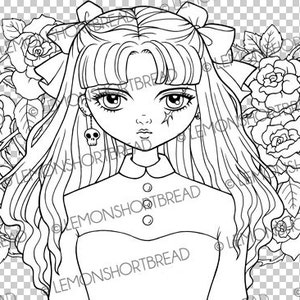 May include: Line art drawing of a girl with long, wavy hair wearing a bow and a skull earring. She is surrounded by roses.