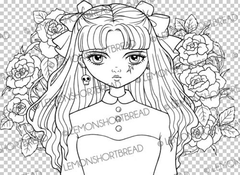 May include: Line art drawing of a girl with long, wavy hair wearing a bow and a skull earring. She is surrounded by roses.