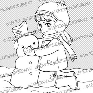 May include: A black and white line drawing of a girl wearing a winter hat and scarf building a snowman.