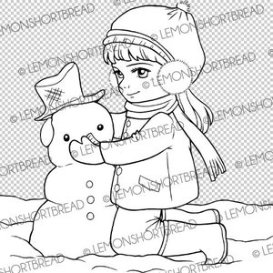 Digital Stamp Winter Building Snowman, Digi Download, Snow Christmas Girl, Children's Coloring, Scrapbooking Card Making image 3