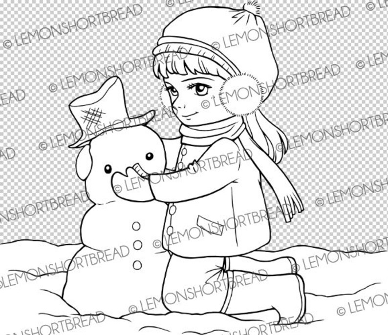 Digital Stamp Winter Building Snowman, Digi Download, Snow Christmas Girl, Children's Coloring, Scrapbooking Card Making image 3