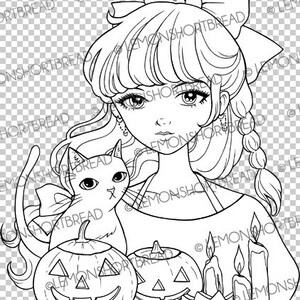 May include: A black and white line drawing of a girl with a cat, pumpkins, and candles. The girl has a bow in her hair and is wearing a long-sleeved shirt. The cat is sitting next to a pumpkin. There are two pumpkins and two candles in the image.