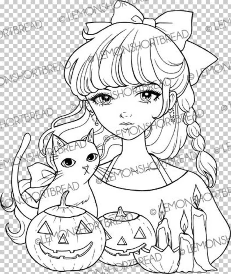 May include: A black and white line drawing of a girl with a cat, pumpkins, and candles. The girl has a bow in her hair and is wearing a long-sleeved shirt. The cat is sitting next to a pumpkin. There are two pumpkins and two candles in the image.