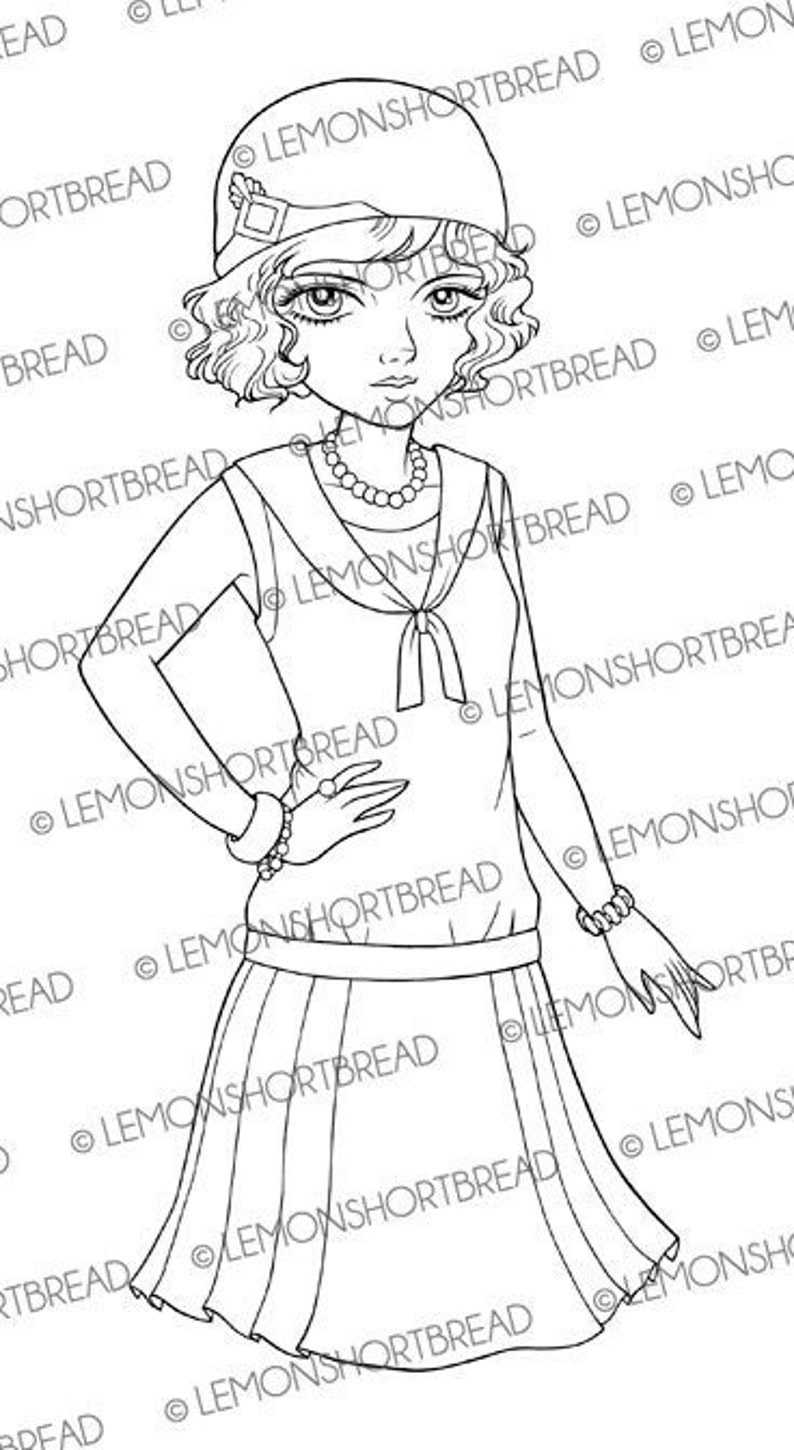 Digital Stamp Sassy Flapper Girl, Digi Coloring Page, Art Deco Vintage Summer Fashion, Anime Line Art Download image 1