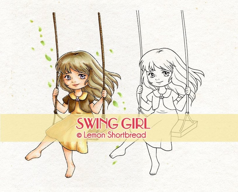 Digital Stamp Girl On Swing Digi Download Spring Summer Well Wishes Garden Children S Clip Art Coloring Page Scrapbooking Supplies