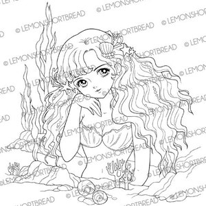 Digital Stamp Mermaid Shoujo, Digi Printable Coloring Page, Fantasy Anime, Line Art Illustration, Download image 1