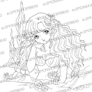 Digital Stamp Mermaid Shoujo, Digi Printable Coloring Page, Fantasy Anime, Line Art Illustration, Download image 1