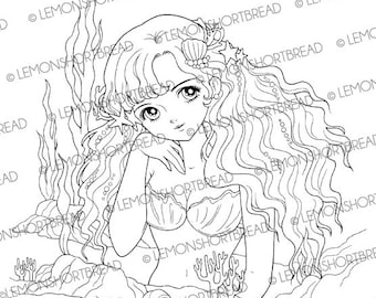 Digital Stamp Mermaid Shoujo, Digi Printable Coloring Page, Fantasy Anime, Line Art Illustration, Download