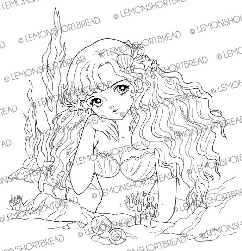 Digital Stamp Mermaid Shoujo, Digi Printable Coloring Page, Fantasy Anime, Line Art Illustration, Download image 1