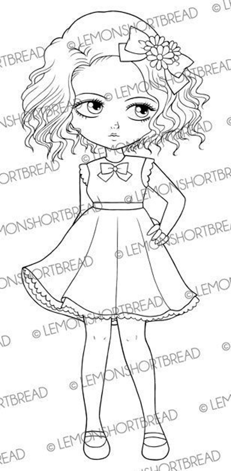 May include: A black and white line drawing of a girl with curly hair wearing a dress and shoes. She has a bow in her hair and a flower.