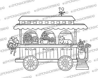 Digital Stamp Flower Caravan Cat, Digi Coloring Page Download, Spring Summer Gardening Garden, Floral Whimsical Art