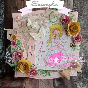 May include: A pink and white card with a princess illustration, butterflies, and paper flowers. The card says "hi" and "Designed by Dewi Lestari".