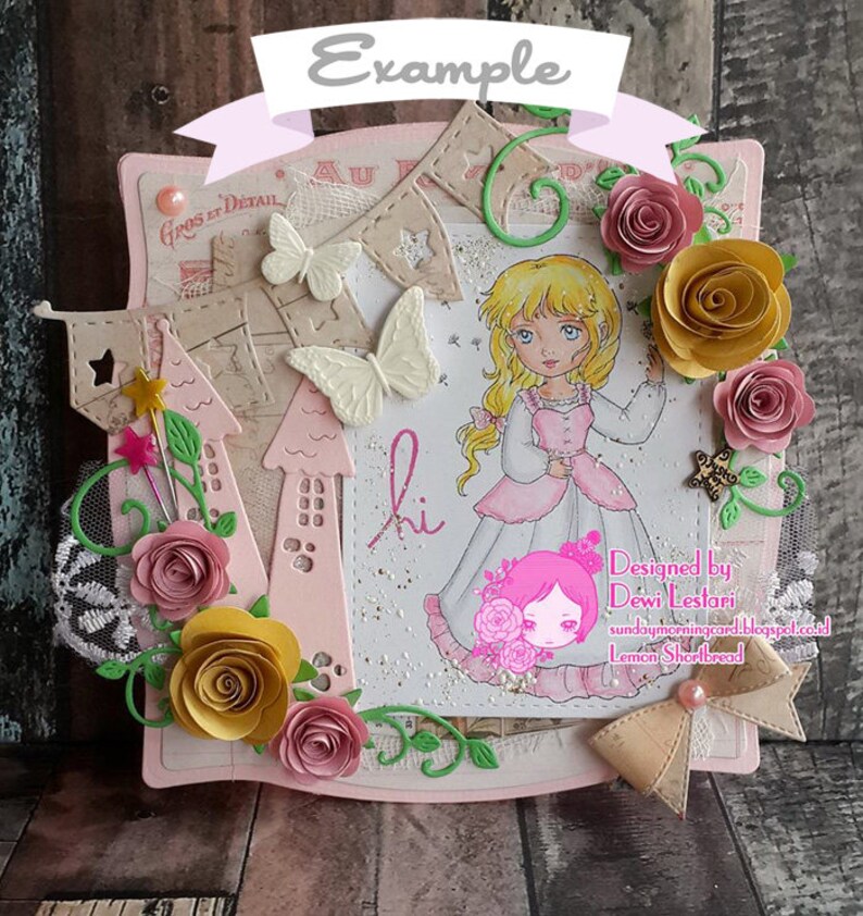 May include: A pink and white card with a princess illustration, butterflies, and paper flowers. The card says "hi" and "Designed by Dewi Lestari".