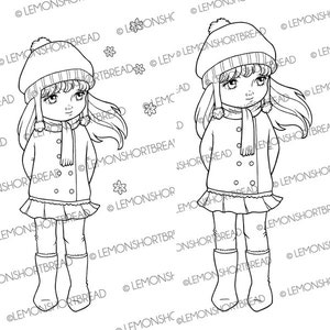 May include: A black and white line drawing of two girls wearing winter clothing. Both girls are wearing hats, scarves, coats, and boots. They are standing with their hands in their pockets. The girls are facing forward and have long hair.