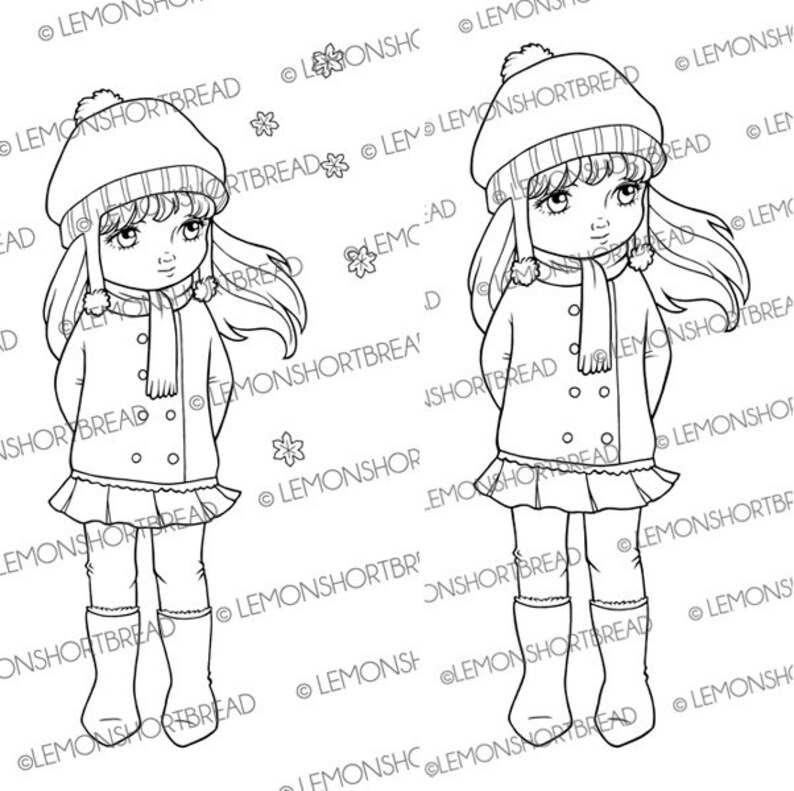 May include: A black and white line drawing of two girls wearing winter clothing. Both girls are wearing hats, scarves, coats, and boots. They are standing with their hands in their pockets. The girls are facing forward and have long hair.