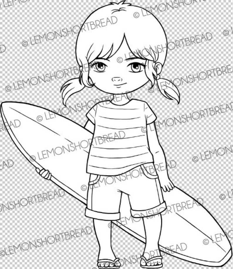 Digital Stamp Surfer Girl, Surfing Beach, Digi Download, Children Sports, Clip Art, Coloring Page, Scrapbooking image 5