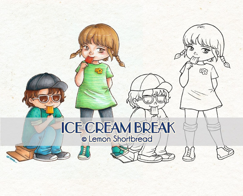 Boy Girl Coloring Page Clip Art Scrapbooking Digital Stamps Ice Cream Break Summer Kids Children Digi Download