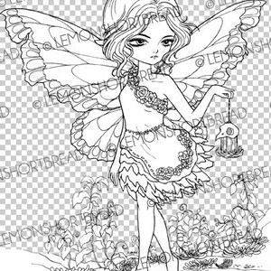 May include: A black and white line drawing of a fairy with butterfly wings holding a lantern. The fairy is wearing a dress with floral details and has a flower in her hair. The fairy is standing in a garden setting with flowers and bones.