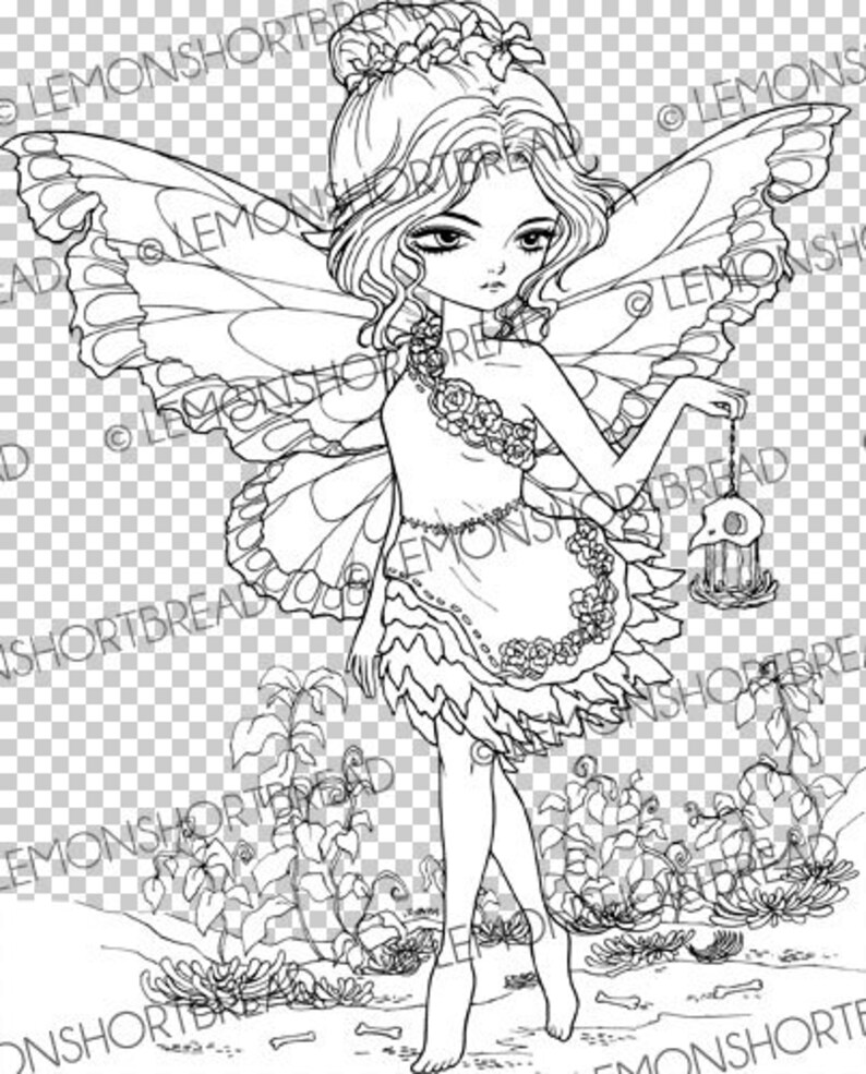 May include: A black and white line drawing of a fairy with butterfly wings holding a lantern. The fairy is wearing a dress with floral details and has a flower in her hair. The fairy is standing in a garden setting with flowers and bones.