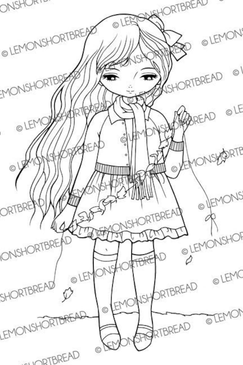 May include: A black and white line drawing of a girl with long hair wearing a sweater, skirt, and boots. She is holding a string of leaves in her hand and there are leaves on the ground around her.