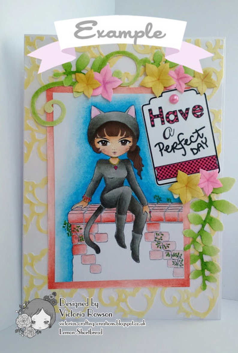 May include: A greeting card with a yellow and pink floral design. The card features a cartoon cat wearing a black catsuit and sitting on a brick wall. The card has the text "Have a Perfect Day" on a pink and white striped tag.