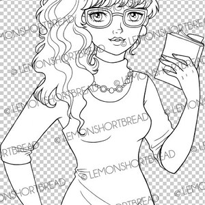 Op de afbeelding: Een zwart-witte lijntekening van een vrouw met lang krullend haar, die een bril, een trui met een hoge hals en een jurk draagt. Ze houdt een boek vast in haar rechterhand.