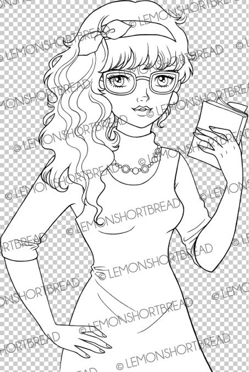 Op de afbeelding: Een zwart-witte lijntekening van een vrouw met lang krullend haar, die een bril, een trui met een hoge hals en een jurk draagt. Ze houdt een boek vast in haar rechterhand.