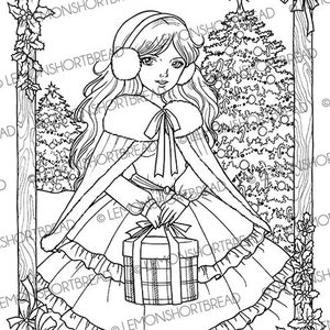 Printable Digital Coloring Page, Merry Christmas, Anime Style Girl, Gift Present Trees image 2