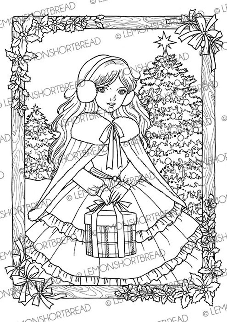 Printable Digital Coloring Page, Merry Christmas, Anime Style Girl, Gift Present Trees image 2