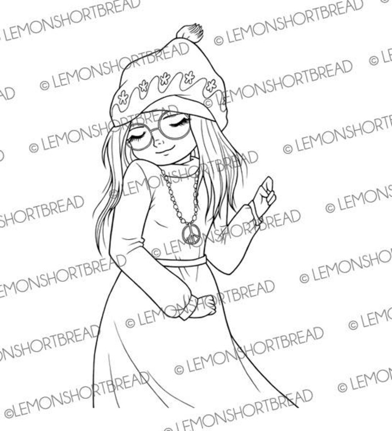 May include: A black and white line drawing of a girl wearing a winter hat with a peace sign necklace and a long dress. She is smiling and has her eyes closed.