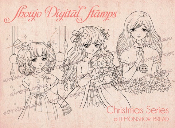 Christmas Shoujo Digital Stamps: Retro Anime Coloring Pages (Download)