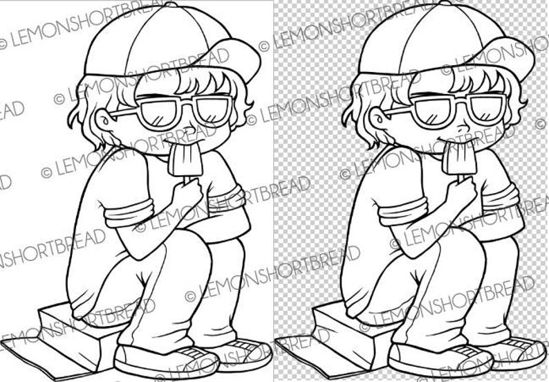 Boy Girl Coloring Page Clip Art Scrapbooking Digital Stamps Ice Cream Break Summer Kids Children Digi Download