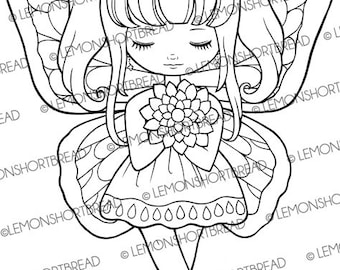 Digital Stamp Butterfly Fairy Curtsy, Digi Coloring Page, Fantasy Flower, Birthday, Spring Summer Wishes, Download