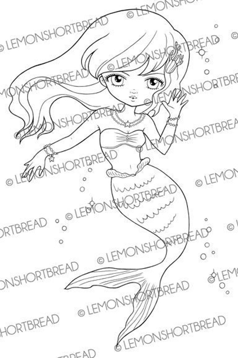 Digital Stamp Mermaid Waving, Digi Fantasy Girl, Coloring Page Fairytales, Big Eyed Clip Art, Télécharger image 1