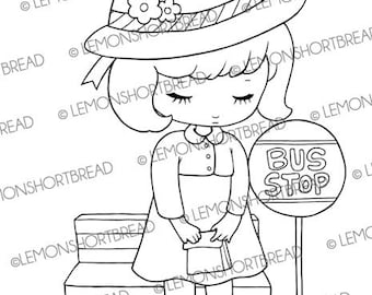 Digital Stamp Bus Stop Girl, Digi Coloring Page, Child in Hat, Autumn Fall, Sympathy Melancholic, Art Download