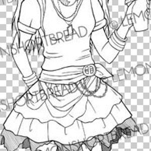 May include: A black and white line drawing of a girl with long hair wearing a short skirt, a t-shirt, and striped stockings. She is holding a cup in her right hand.