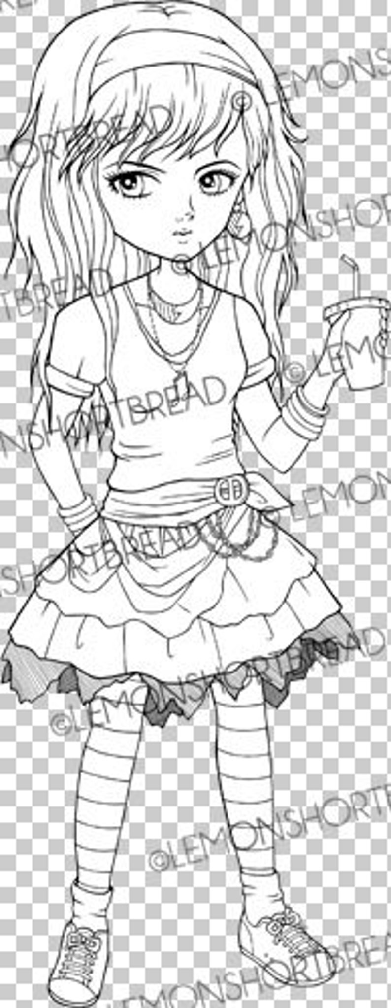 May include: A black and white line drawing of a girl with long hair wearing a short skirt, a t-shirt, and striped stockings. She is holding a cup in her right hand.