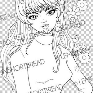 May include: A black and white line drawing of a woman with long hair wearing a turtleneck sweater and a headband with flowers. The background is filled with flowers.
