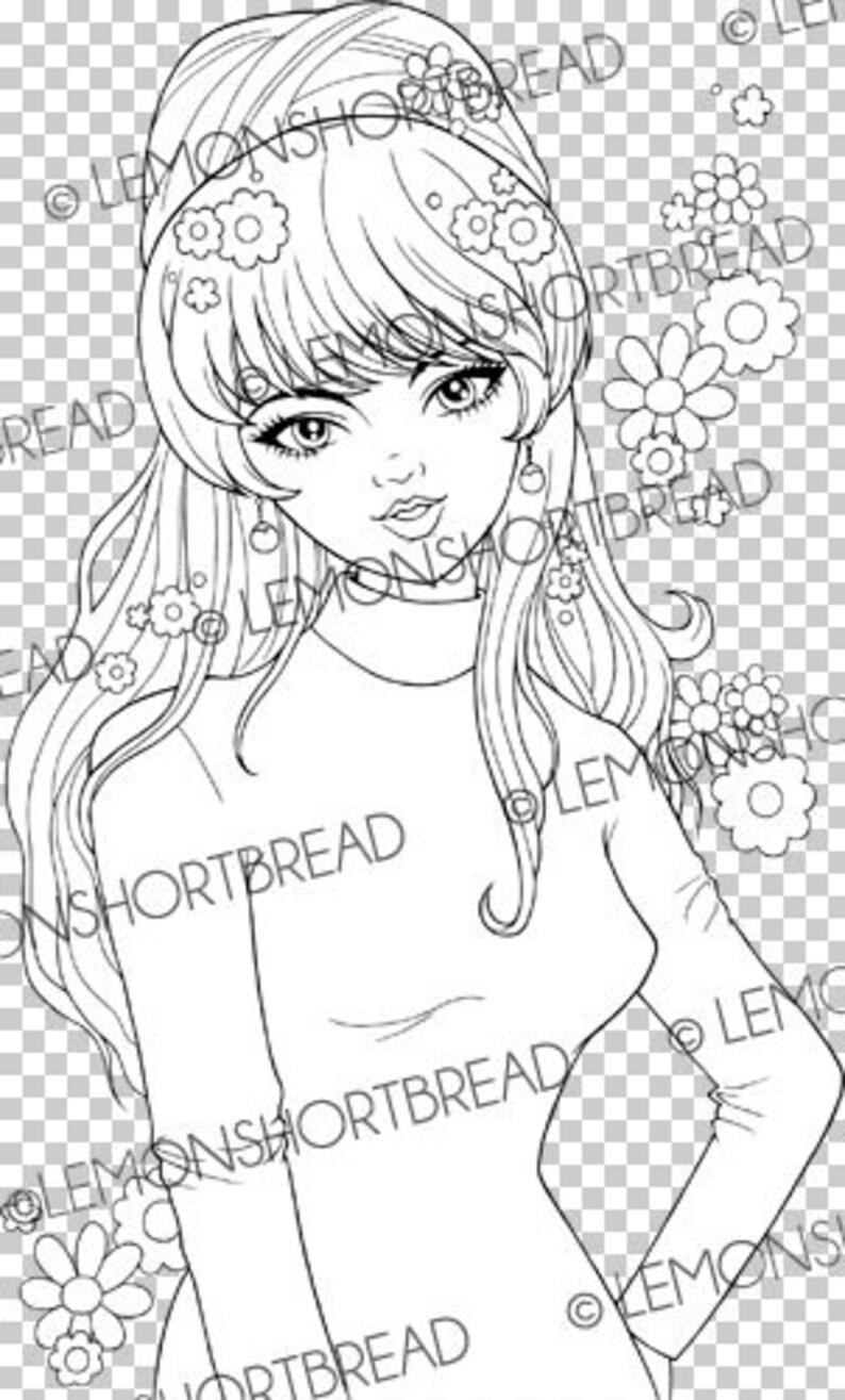 Digital Stamp 60s Rock and Roll Girl, Digi Coloring Page, Anime Retro Mod Fashion, Sixties Flowers, Download image 2