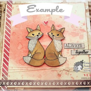 May include: A card with a watercolor background featuring two foxes with fluffy tails. The foxes are looking at each other and the card says "ALWAYS together".