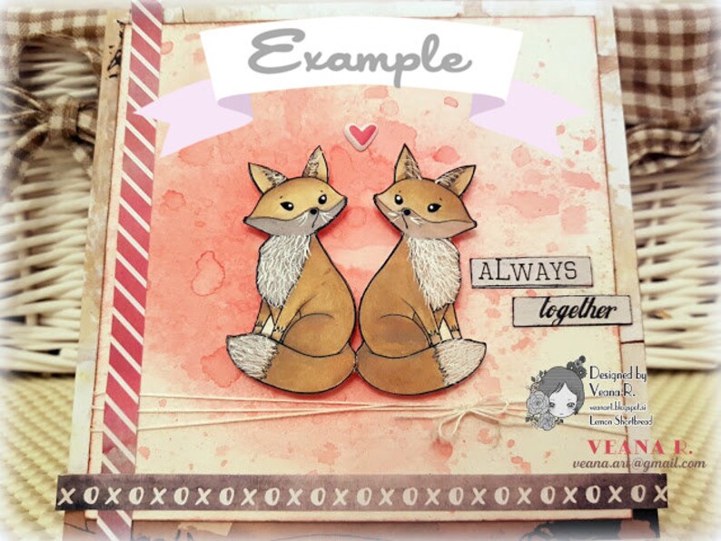 May include: A card with a watercolor background featuring two foxes with fluffy tails. The foxes are looking at each other and the card says "ALWAYS together".